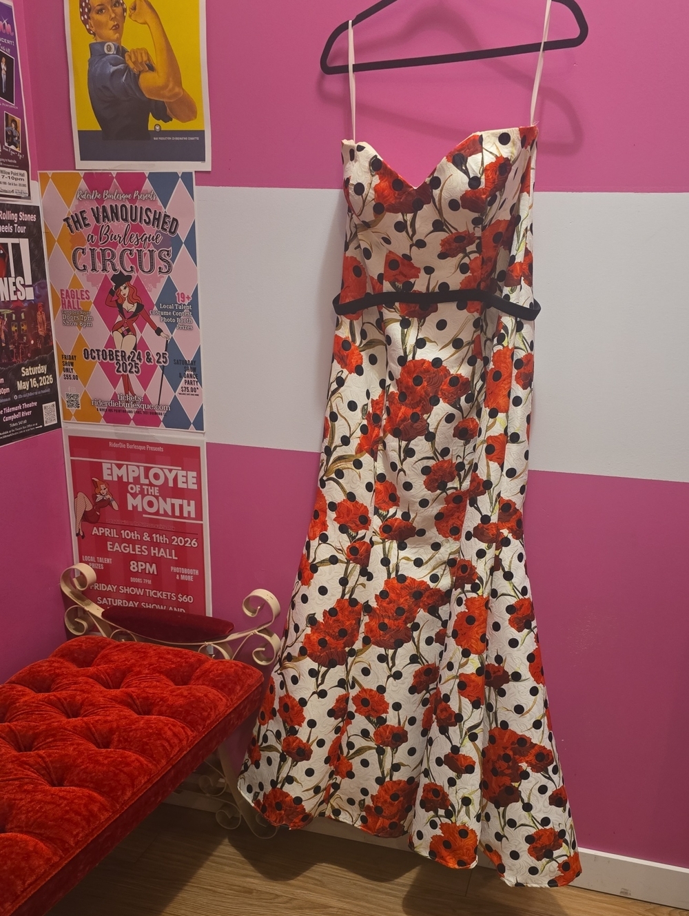La Femme White Floral A-Line Dress with Red Poppy Print